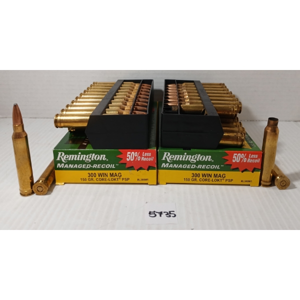 AMMO / BRASS: 33X REMINGTON MANAGED-RECOIL .300 WIN MAG - 150GR - CORE-LOKT - PSP - 7X BRASS