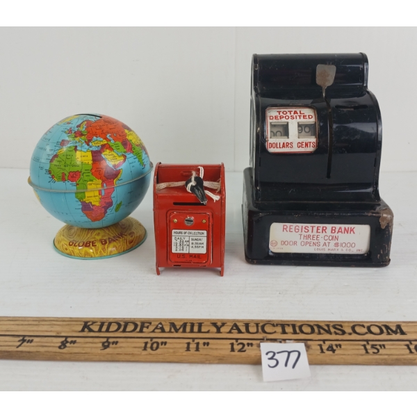 LOT OF 3 - MARX & J. CHEIN & CO. TIN COIN BANKS - INCL GLOBE, MAILBOX & REGISTER