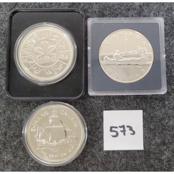 LOT OF 3 - 1978-1984 CDN SILVER(?) DOLLARS - GRIFFON, VOYAGEUR & XI GAMES