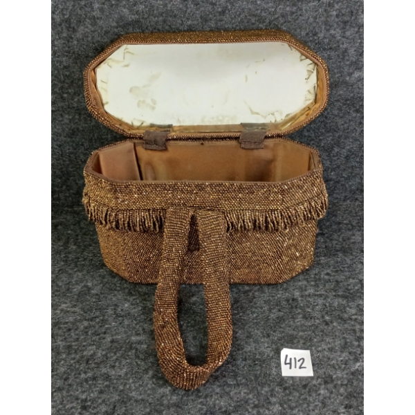 BRONZE BEADED CLUTCH PURSE W/ COMPACT MIRROR