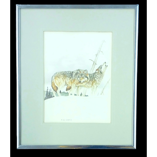 "TIMBER WOLVES" BY MARTIN GLEN LOATES (PRS CDN ARTIST) - FRAMED WATERCOLOUR & INK