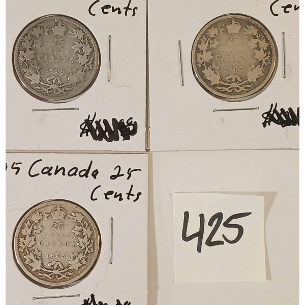 LOT OF 3 - 1905 CDN 25 CENT SILVER COINS