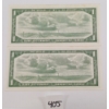 Image 2 : LOT OF 2 - 1954 CDN $1 BANKNOTES - SEQUENTIAL & UNCIRCULATED