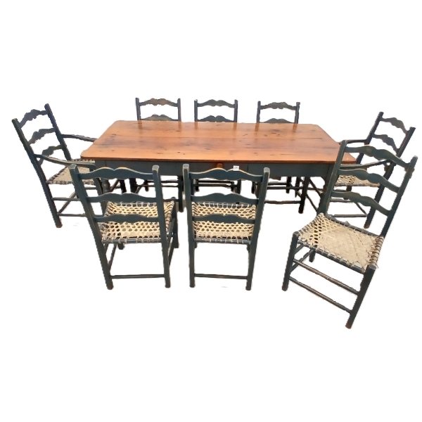 LOT OF 9 - PINE DINING TABLE & LADDER BACK CHAIRS