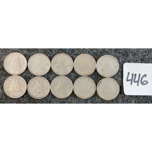 LOT OF 10 - 1947 CDN 10 CENT COINS