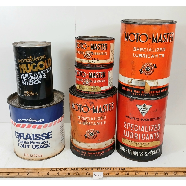 LOT OF 7 - MOTO-MASTER CANS - 5LBS ALL-PURPOSE GREASE, 1LB SPECIALIZED LUBRICANTS, ETC