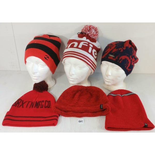 LOT OF 6 - RED WINTER HATS - MFG SPLIT, INSIGHT, PENFIELD & BRIXTON