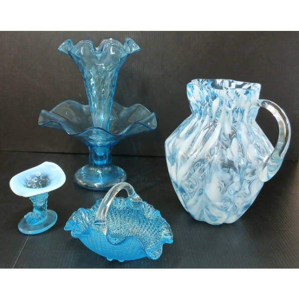 LOT OF 4 - BLUE URANIUM FENTON ART GLASS PCS