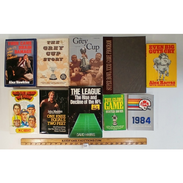LOT OF 10 - FOOTBALL BOOKS - "THEN CAME BRAIN DAMAGE", "THE GREY CUP STORY", ETC