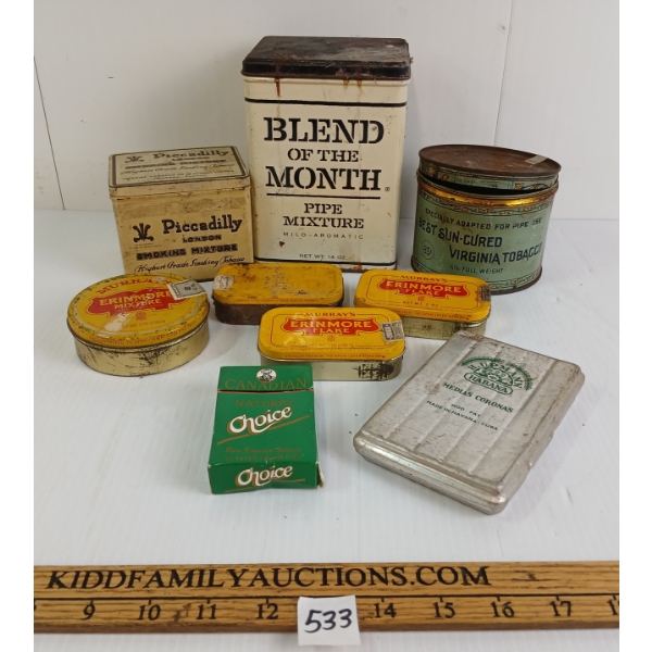 LOT OF 9 - TOBACCO TINS - INCL MURRAY'S ERINMORE, PICCADILLY, OLD CHUM, ETC