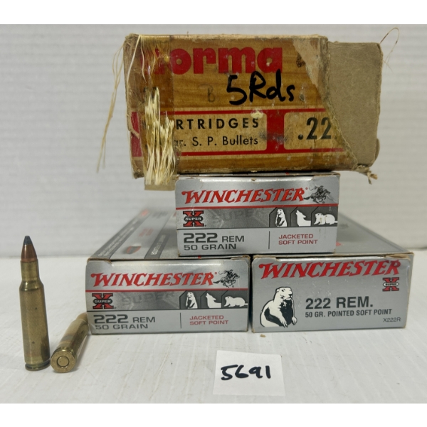 AMMO/BRASS: 64X LIVE & 4X BRASS .222 REM 50GR. SP 