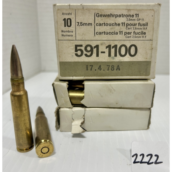 AMMO: 28X 7.5X55 MM SWISS - MILITARY FMJ