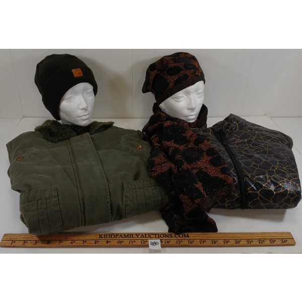 LOT OF 5 - WOMEN'S MINIMUM & ILLSMATIC DESIGNS JACKETS, HATS & SCARF - FT ZALMA, VIOLET, ETC
