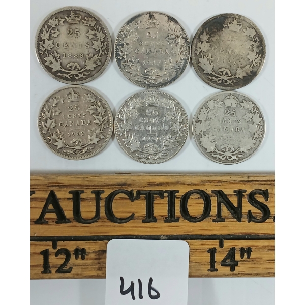 LOT OF 6 - 1886-1930 CDN SILVER 25 CENT COINS 