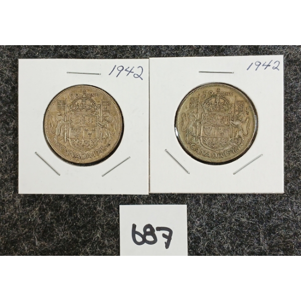 LOT OF 2 - 1942 CDN 50 CENT SILVER COINS