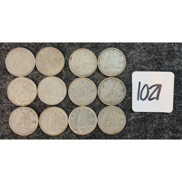 LOT OF 12 - 1943-1966 CDN 10 CENT COINS
