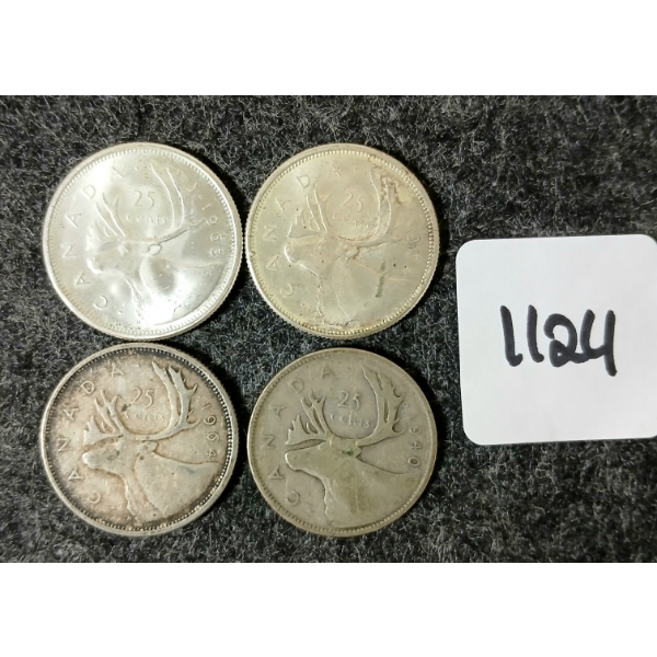 LOT OF 4 - 1940-1964 CDN SILVER 25 CENT COINS