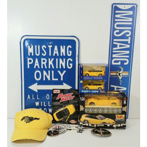 LOT OF 13 - FORD MUSTANG - MAISTO DIECAST 1999 FORD MUSTANG GT MODEL, DECALS, BASEBALL CAP, ETC