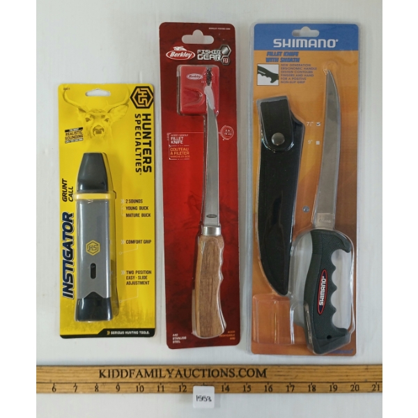 LOT OF 3 - HUNTERS SPECIALTIES INSTIGATOR GRUNT CALL, SHIMANO & BERKLEY FILET KNIVES