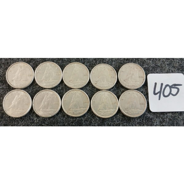 LOT OF 10 - 1960 CDN 10 CENT COINS