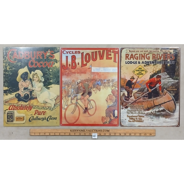 LOT OF 3 - "CADBURY'S COCOA", "CYCLES J.B. LOUVET" & "RAGING RIVERS" SST SIGNS