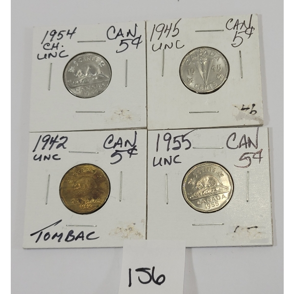 LOT OF 4 - CDN 5 CENT COINS - INCL 1942, 1945, 1954 & 1955