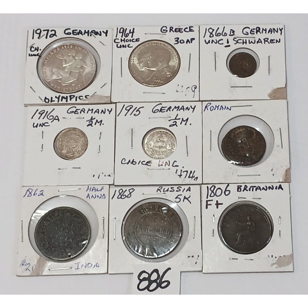 LOT OF 9 - WORLD COINS - INCL RUSSIA, ROMAIN, INDIA, GREECE, ETC