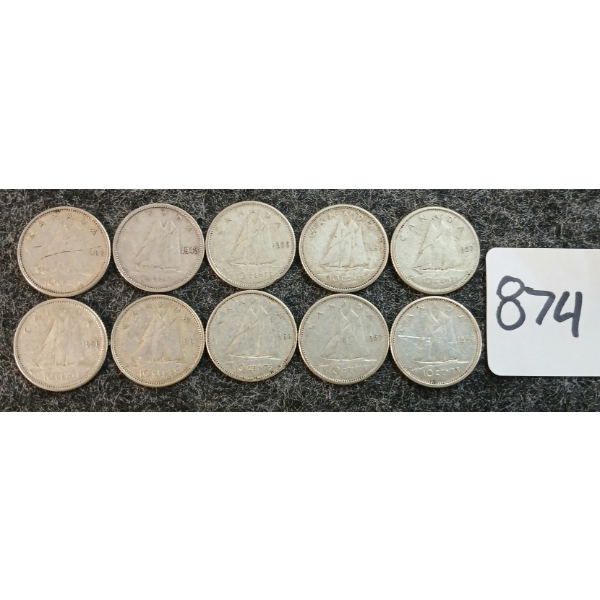 LOT OF 10 - 1943-1966 CDN 10 CENT COINS