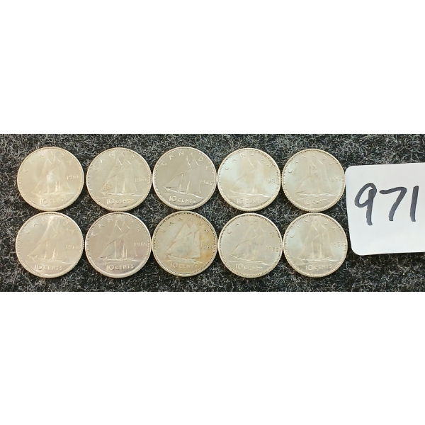 LOT OF 10 - 1964-1966 CDN 10 CENT COINS