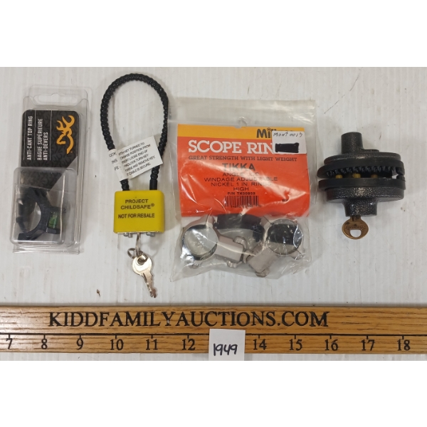 LOT OF 4 - GUN LOCKS, PAIR OF SCOPE RINGS & ANTI-CANT TOP RING