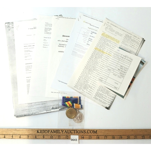 2ND LIEUT. LESLIE STUART HOLMES FILE - WWI MEDALS & PAPERWORK COPIES