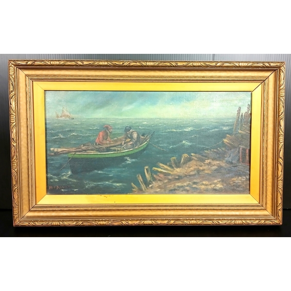 FISHERMEN SCENE BY M.J. ALLAN - FRAMED OIL ON BOARD