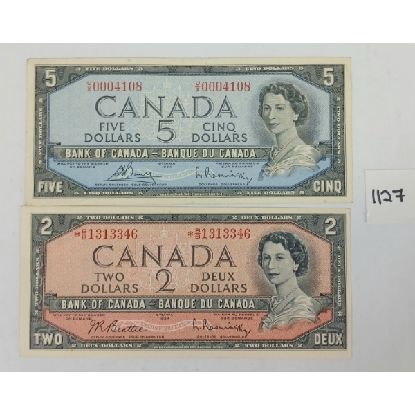 LOT OF 2 - 1954 CDN $2 & $5 BANKNOTES