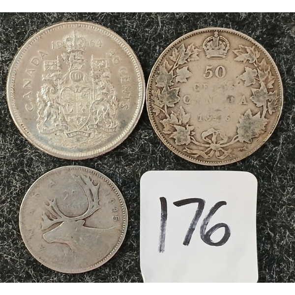 LOT OF 3 - 1916 CDN 50 CENT COIN, 1945 CDN 25 CENT COIN & 1964 CDN 50 CENT COIN