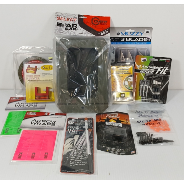 LOT OF 12 - ARCHERY - MUZZY BROADHEADS, LIGHTED NOCKS, BRITE SITE LEVEL, ETC