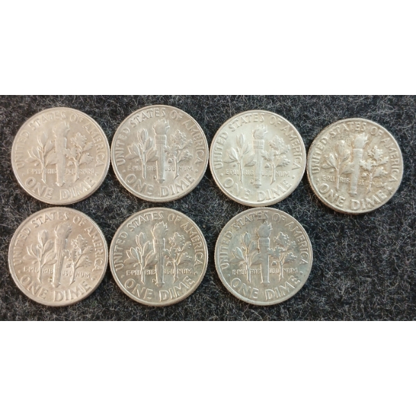 LOT OF 7 - 1950-1964 U.S. 10 CENT COINS