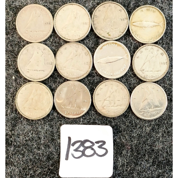 LOT OF 12 - 1938-1968 CDN 10 CENT COINS