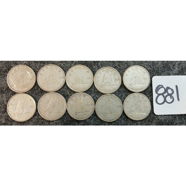 LOT OF 10 - 1940-1966 CDN 10 CENT COINS