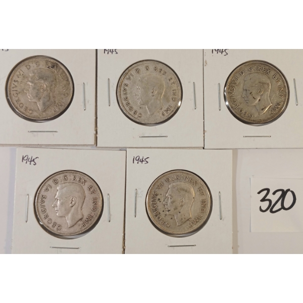 LOT OF 5 - 1945 CDN SILVER HALF DOLLARS