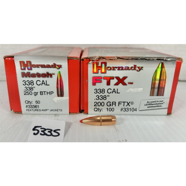 BULLETS: APPROX 130X HORNADY .338 CAL 250 GR & 200 GR POLY TIP