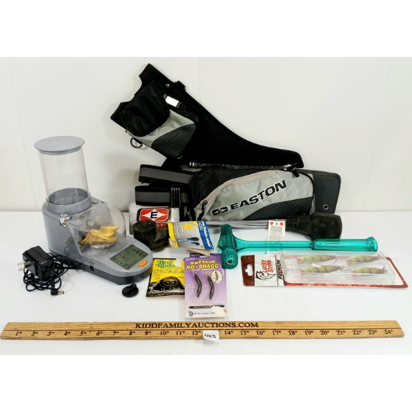 JOB LOT - EASTON LEFT-HAND QUIVER, LUCKY STRIKE FISHING LURES, LYMAN RELOADING SCALE, ETC
