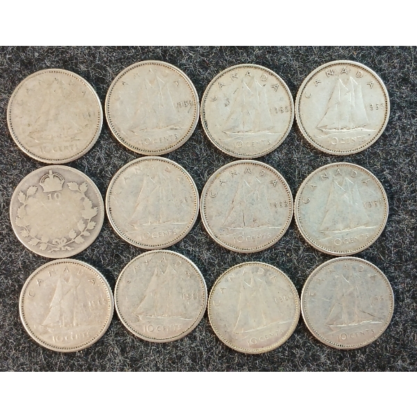 LOT OF 12 - 1919-1968 CDN 10 CENT COINS