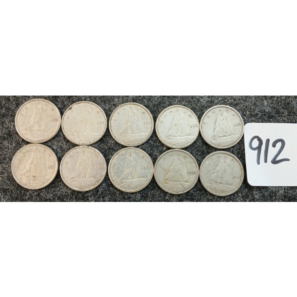 LOT OF 10 - 1944-1966 CDN 10 CENT COINS