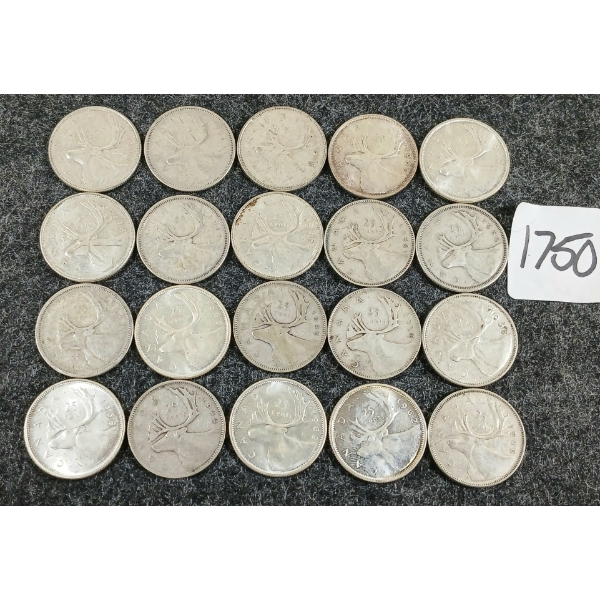LOT OF 20 - 1942-1968 CDN 25 CENT COINS