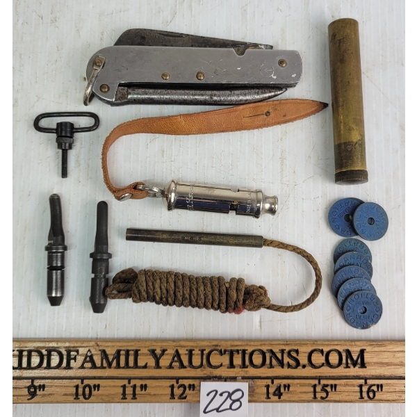 JOB LOT - CDN MULTI-TOOL, POWDER MEASURER, MEAT TOKENS, METROPOLITAN WHISTLE, ETC