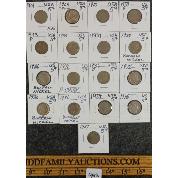 LOT OF 17 - 1901-1965 US 5 CENT COINS - INCL BUFFALO NICKELS