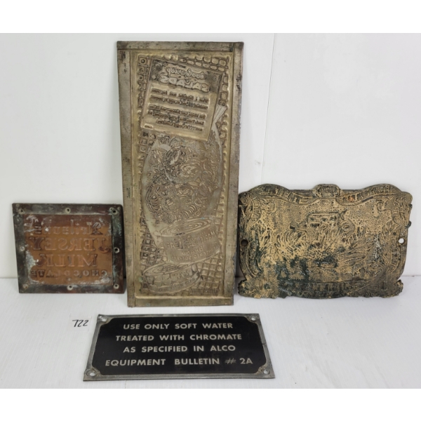 LOT OF 4 - METAL PLAQUE & STAMP PLATES - INCL NEILSON, MAPLE LEAF BRAND, ETC