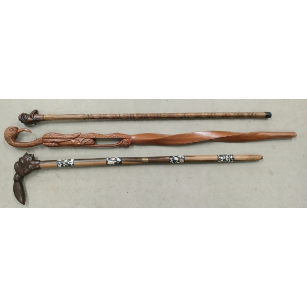 LOT OF 3 - WOOD CARVED CANES - BIRDS & BUST