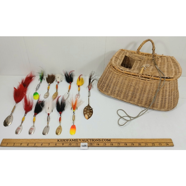 QTY OF FISHING LURES & CREEL BASKET