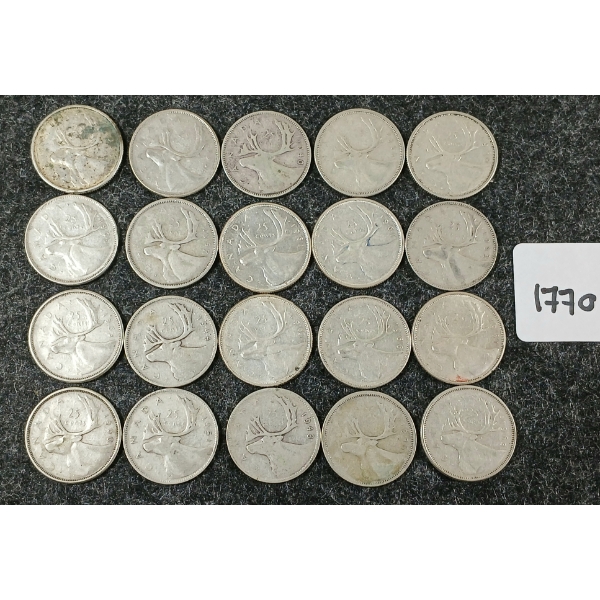 LOT OF 20 - 1951-1965 CDN SILVER 25 CENT COINS